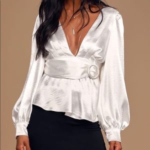 White Satin Belted long sleeve top